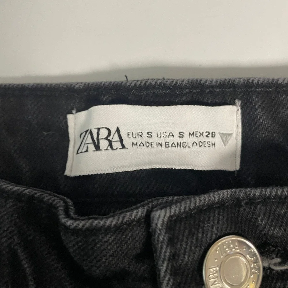 Zara Womens Washed Black Denim Midi Skirt‎ High Waisted Front Slit Size S